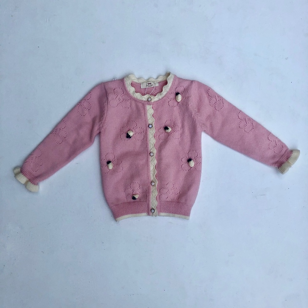 BONBON New York Pink Embroidered Floral Ruffle Sleeve Cardigan Sweater